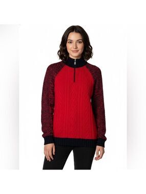 COTTON COUNTRY 100% Cotton Red Black 1/4 Zip Sweater Stand Up Collar US Sz M